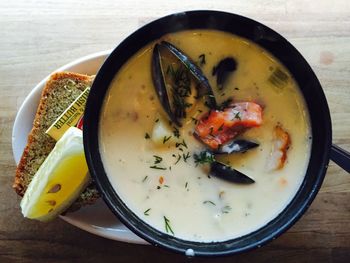 High angle view of soup in bowl on table