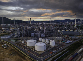 High angle view of factory against sky during sunset