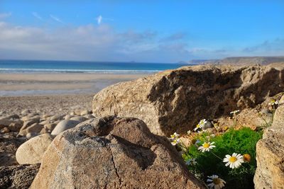 Scenic view of sea and rocks against sky