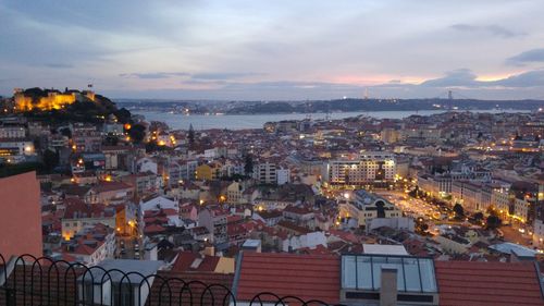 High angle view of townscape against sky at sunset