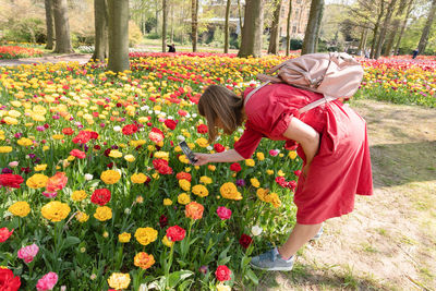 A blonde girl in a red dress and in a protective mask is photographing a flowers