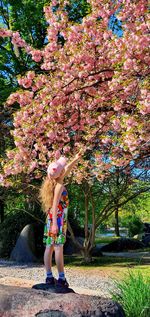Full length of woman with pink flowers on tree
