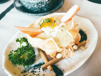 High angle view of fish served in plate