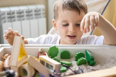 Portrait of cute boy playing with toys