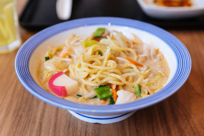 High angle view of noodles served in bowl