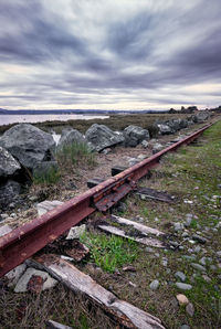 High angle view of railroad tracks on field against sky