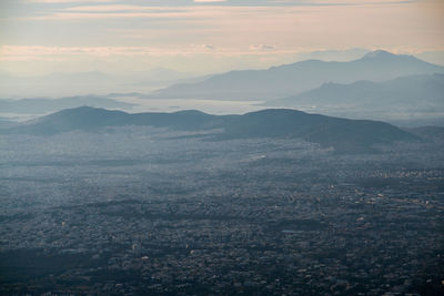 High angle view of landscape against sky during sunset