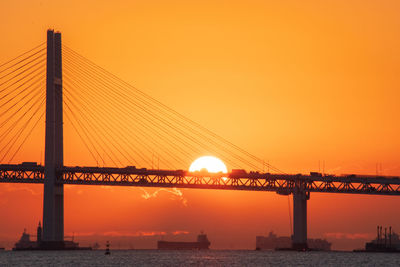 View of suspension bridge against sky during sunrise