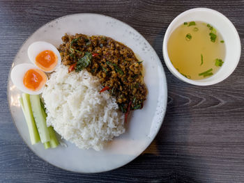 High angle view of meal served on table