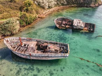 High angle view of abandoned boat on sea