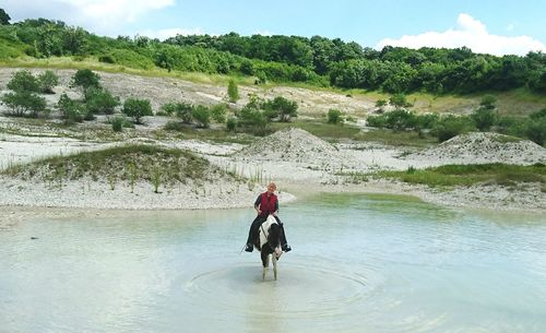 Rear view of man riding dog on landscape against sky