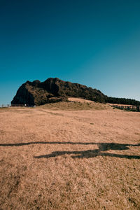 Scenic view of field against clear blue sky