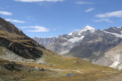 Scenic view of mountains against cloudy sky