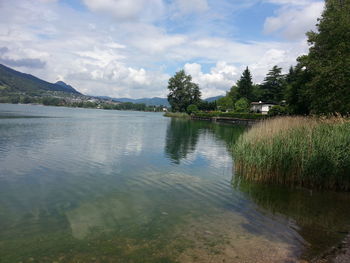 Scenic view of lake against cloudy sky