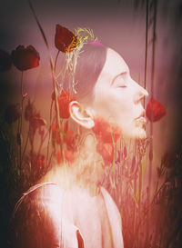 Lady dreaming in pink with poppies