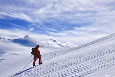 People on snowcapped mountain against sky