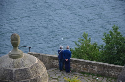 Rear view of senior couple standing by sea