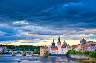 View of buildings by river against cloudy sky