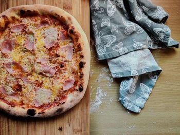 High angle view of pizza on table