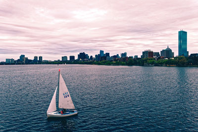Scenic view of river by cityscape against sky