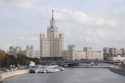 Bridge over river with buildings in background