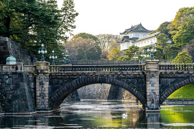 Arch bridge over river in city against sky