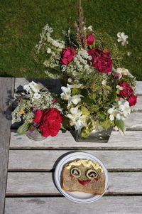 High angle view of flower bouquet on table