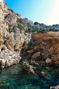 Rock formations by sea against clear blue sky