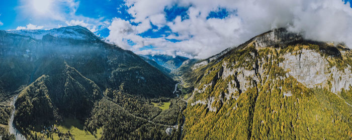 Panoramic view of snowcapped mountains against sky