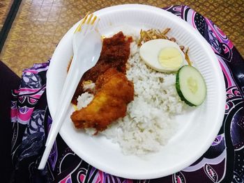 High angle view of food in plate on table