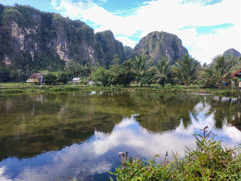 Scenic view of lake and mountains against sky