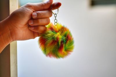 Cropped hand of woman holding fur key ring against window