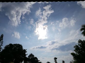 Low angle view of trees against cloudy sky