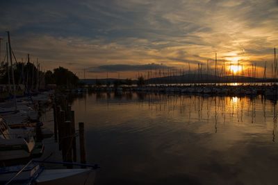 Sailboats in marina at sunset