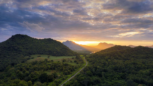 Beautiful aerial view sunset over the mountain range at the north of thailand, 