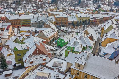 High angle view of buildings in city