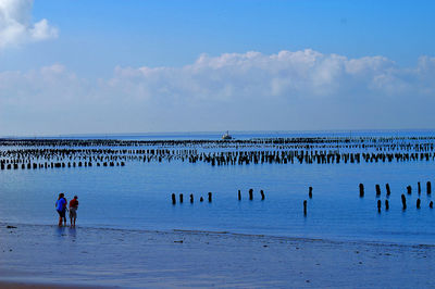 People on beach against sky