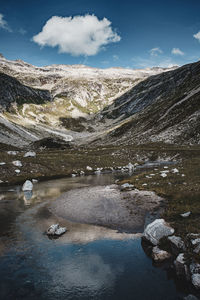 Scenic view of lake and mountains against sky