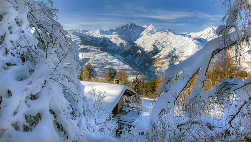 Scenic view of snowcapped mountains against sky