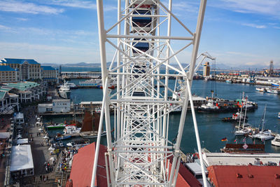 Ferris wheel by sea against sky in city