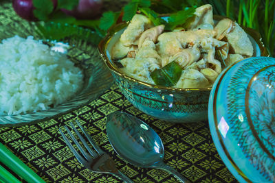 High angle view of food in plate on table