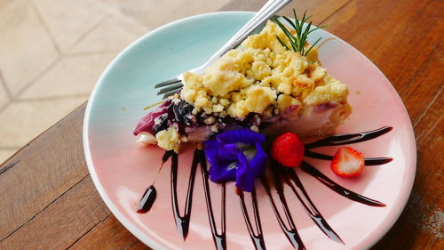 High angle view of dessert in plate on table