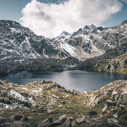 Scenic view of lake and snowcapped mountains against sky