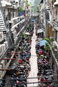 High angle view of people on road in city