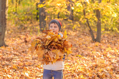 Teenager boy stands in the autumn golden forest and holds in his hands a large yellow leaves