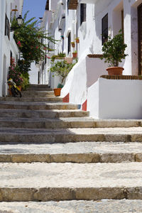 Low angle view of steps amidst buildings