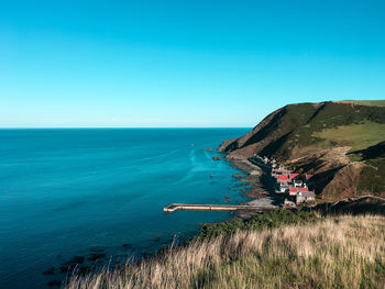 Scenic view of sea against clear blue sky