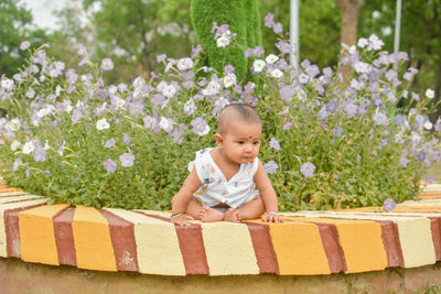 Portrait of boy standing by plants