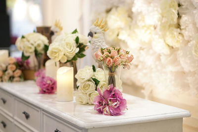 Close-up of pink rose bouquet on table