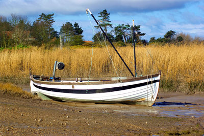 Boat moored at shore against sky